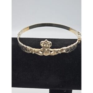 Vintage Sterling Silver Claddagh Bangle Bracelet Celtic Knot Hinged Safety Chain